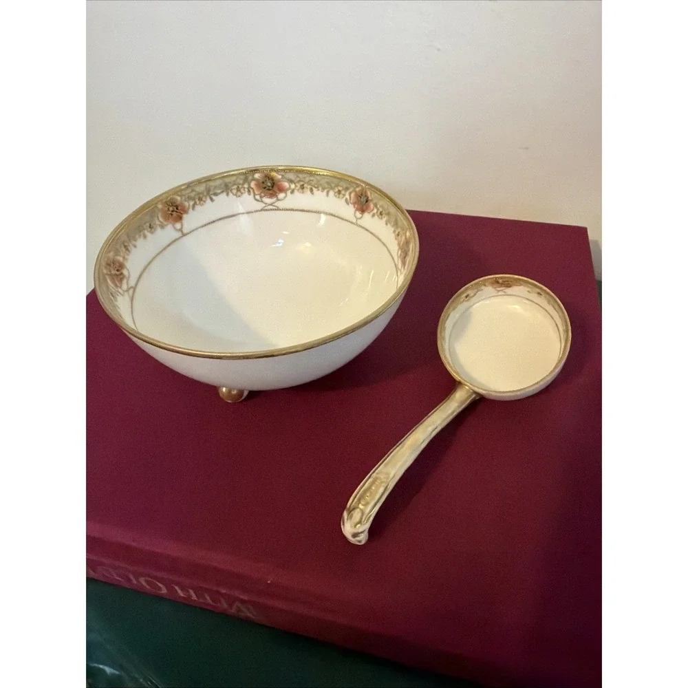 Antique Nippon Porcelain Hand Painted Footed Condiment Bowl with Matching Ladle